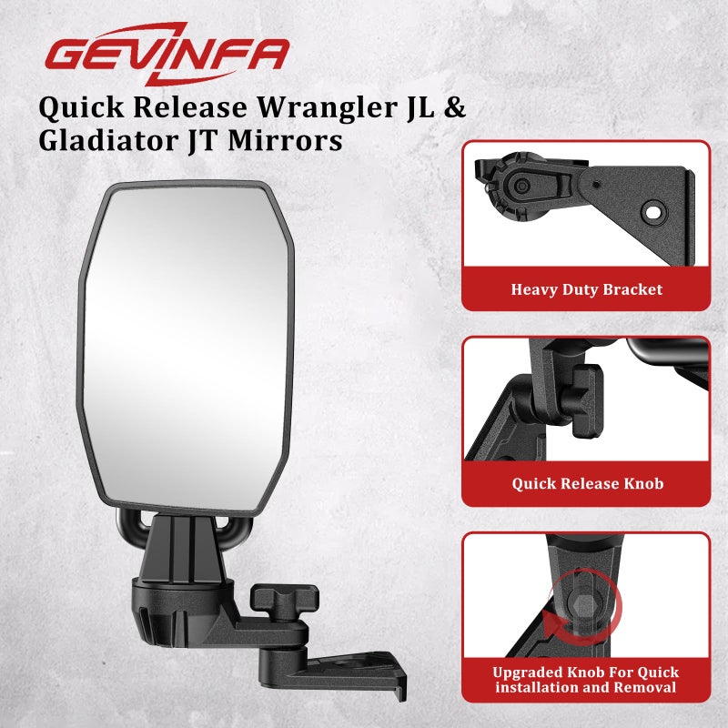 GEVINFA Mirrors Doors Off Compatible with Jeep Wrangler JL and Gladiator JT 2018-2026, 2026 New Launch Quick Release wrangler JL Mirrors No Wobble & Quick Removal Knob (Patented) - Image 2