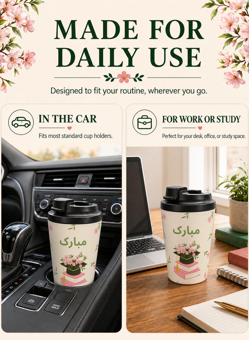 جالادون GALADUNE كوب قهوة معزول من الفولاذ المقاوم للصدأ سعة 12 أونصة، كوب سفر مانع للتسرب، كوب تخرج مع رسم توضيحي لقبعة التخرج والكتب، لون وردي - Image 5