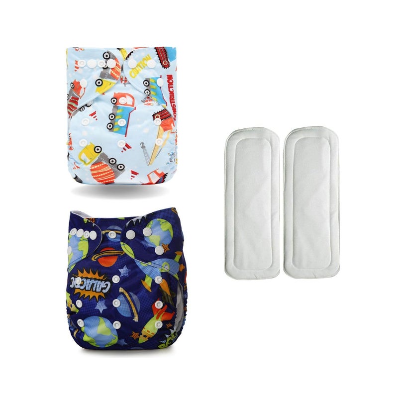 Moppets Leakage-proof advanced cloth diapers for babies, High Absorbent 2 reusable diaper and 2 insert pad Combo Pack washable cloth diaper 3M -3Years (BOYS PRINTS) - Image 1