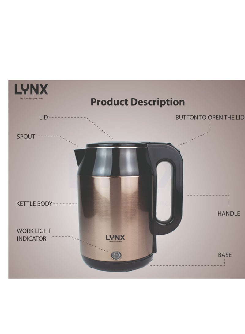 Lynx Premium Design Electric Kettle Stainless Steel 2L, 1500W with Fast Boiling, Safety Features, Perfect Pour Spout, Durable Double Layer Housing, Ideal for Tea, Coffee, and More - KT-2101 - Image 3