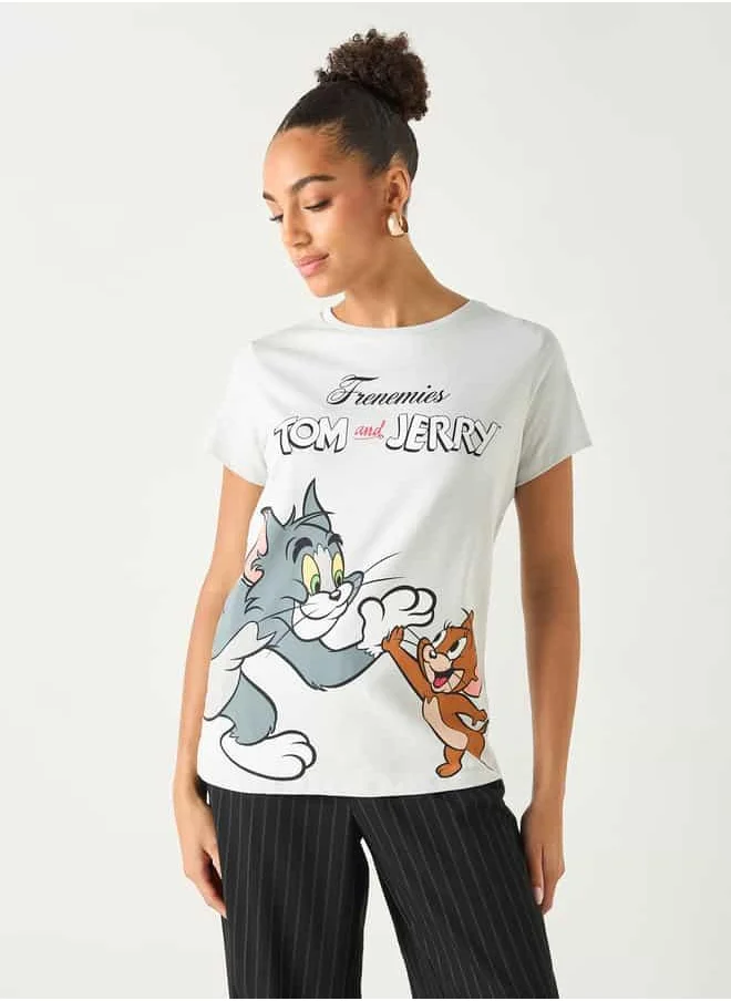 SP Characters Tom and Jerry Print Crew Neck T-shirt with Short Sleeves