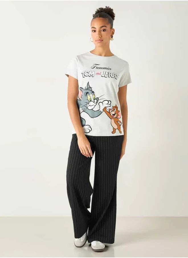 SP Characters Tom and Jerry Print Crew Neck T-shirt with Short Sleeves