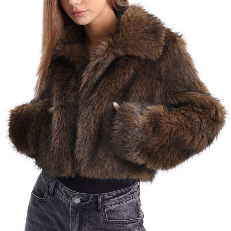 Amazhiyu Women's Faux Fur Cropped Coat Winter Open-front Long Sleeve Jackets Warm Coffee, Small - Image 1