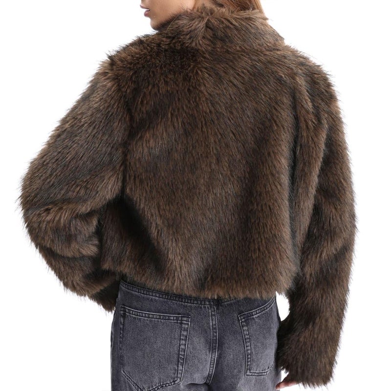 Amazhiyu Women's Faux Fur Cropped Coat Winter Open-front Long Sleeve Jackets Warm Coffee, Small - Image 2