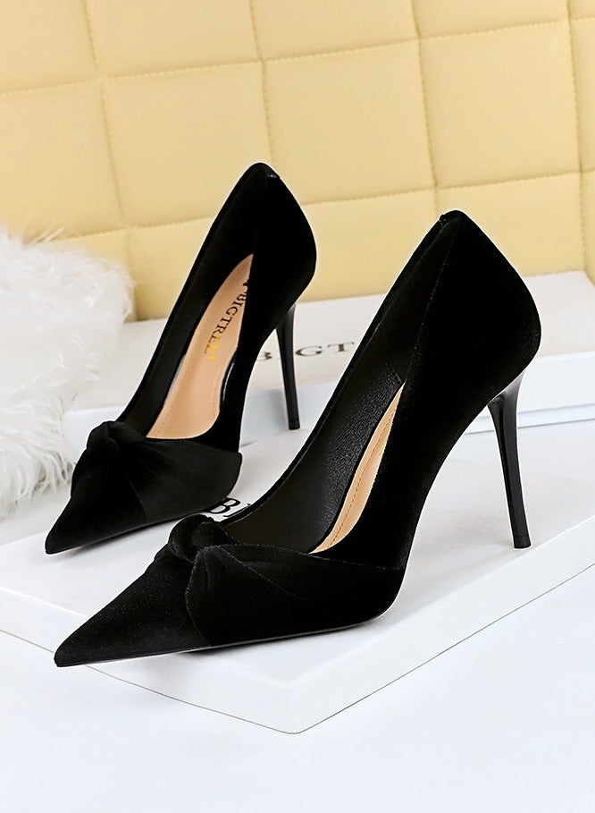 BIGTREE Women's Solid Color Bowknot Stiletto Pumps 10 CM Elegant Gorgeous Closed Pointed Toe Slip On High Heels Black - Image 1