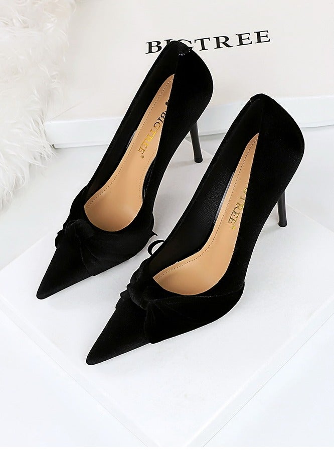 BIGTREE Women's Solid Color Bowknot Stiletto Pumps 10 CM Elegant Gorgeous Closed Pointed Toe Slip On High Heels Black - Image 3