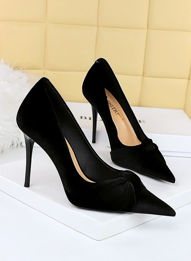 BIGTREE Women's Solid Color Bowknot Stiletto Pumps 10 CM Elegant Gorgeous Closed Pointed Toe Slip On High Heels Black - Image 2