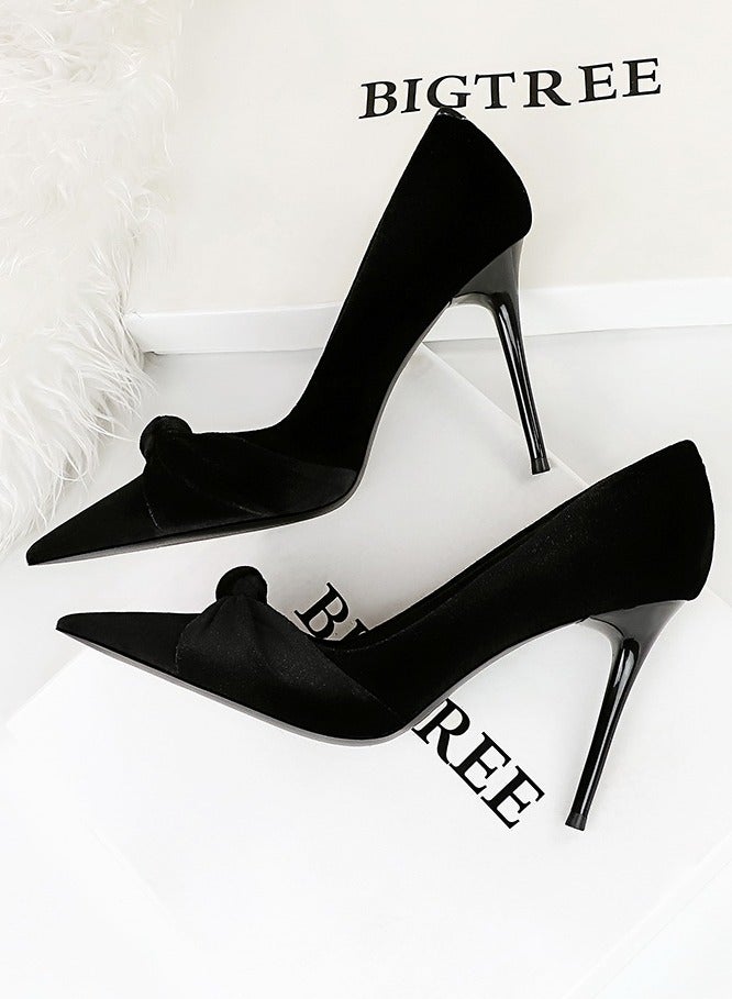 BIGTREE Women's Solid Color Bowknot Stiletto Pumps 10 CM Elegant Gorgeous Closed Pointed Toe Slip On High Heels Black - Image 4