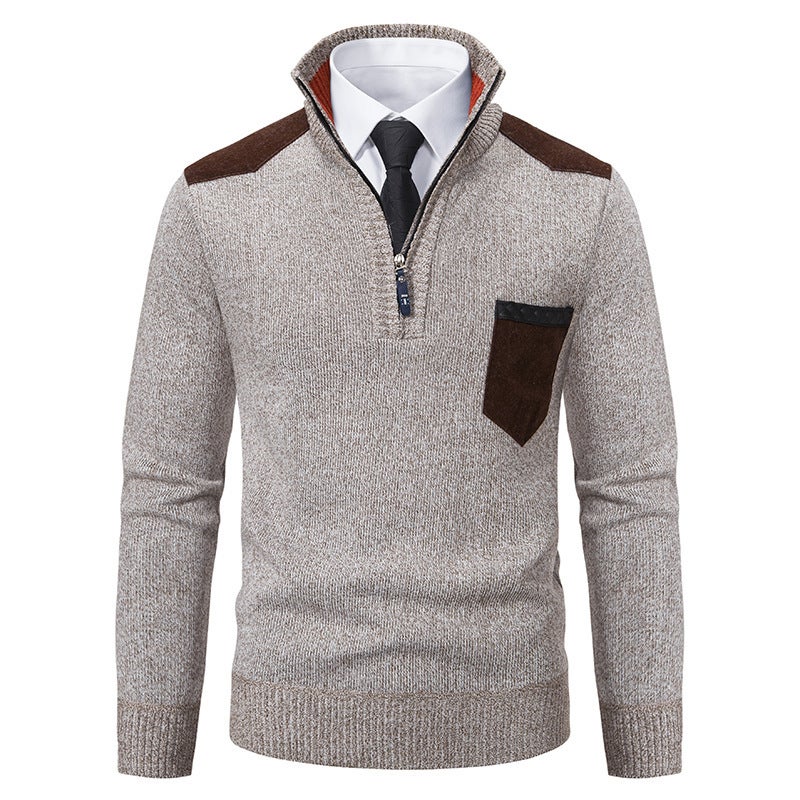 2024 cross-border autumn and winter new mens zipper collar pullover sweater mens casual color matching thick sweater mens 6625 beige  - Image 1