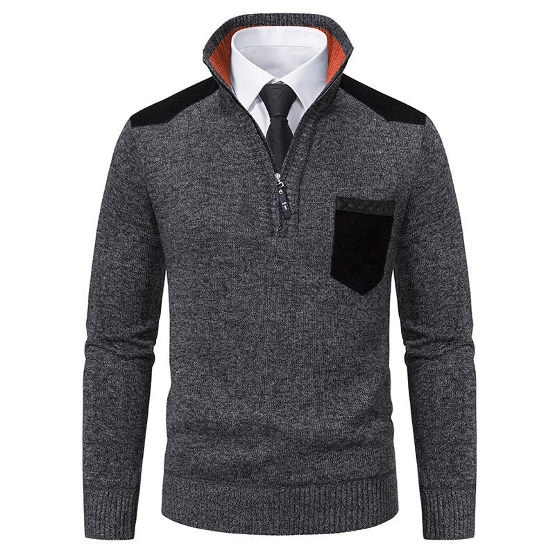 2024 cross-border autumn and winter new mens zipper collar pullover sweater mens casual color matching thick sweater mens 6625 beige  - Image 3