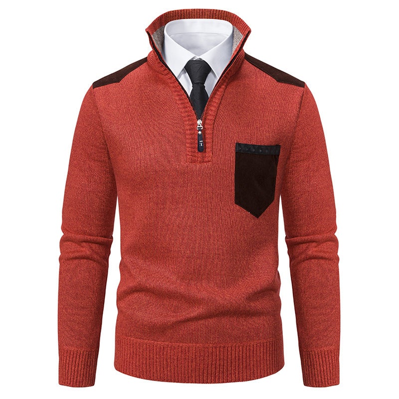 2024 cross-border autumn and winter new mens zipper collar pullover sweater mens casual color matching thick sweater mens 6625 beige  - Image 2