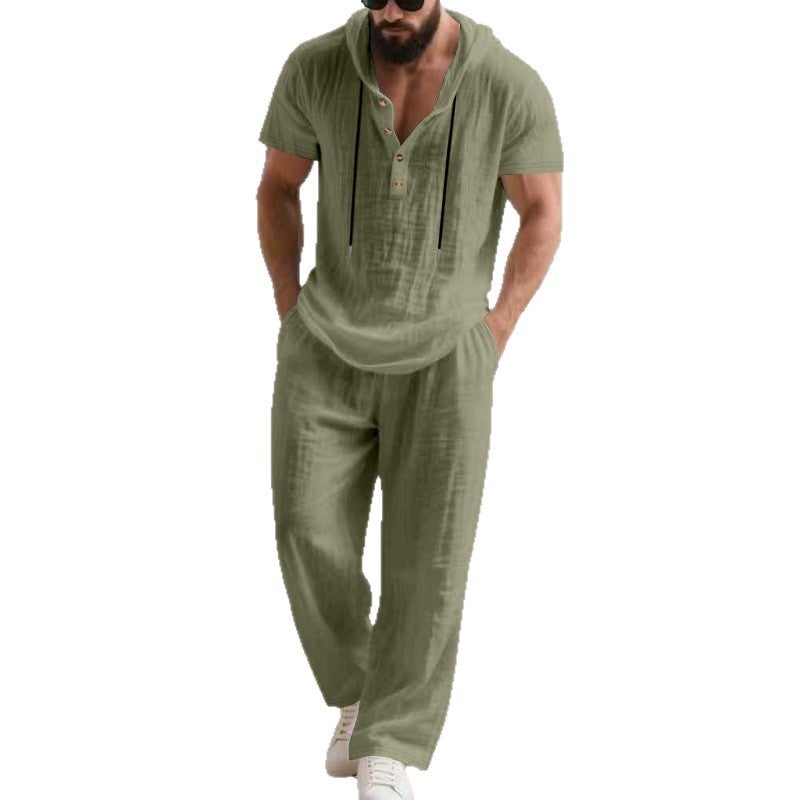 Men's Casual Linen Hooded Henley Tracksuit Set - Image 2