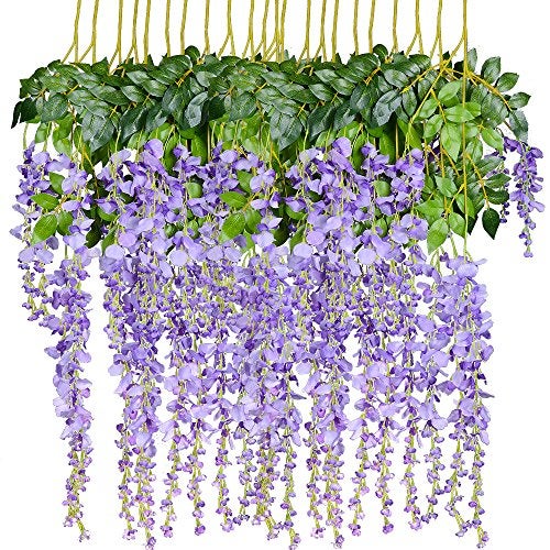 DearHouse 12 Pack 3.6 Feet Artificial Fake Wisteria Vine Ratta Hanging Garland Silk Flowers String Home Party Wedding Decor (Purple 2) - Image 1