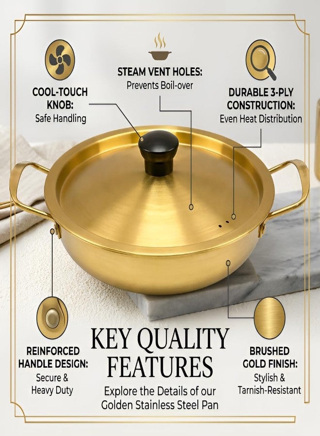 Yopple Deep Fry Pan with Lid, Stainless Steel Kadai for Curry, Sabzi, Dal & Gravy | Elegant Gold Finish Handi with Handles for Cooking | Durable Food Grade Serving Dish for Kitchen, Dining & Hotel Use - Image 3