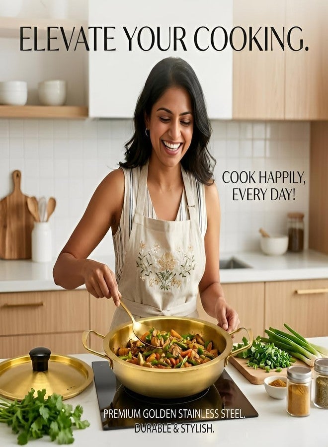 Yopple Deep Fry Pan with Lid, Stainless Steel Kadai for Curry, Sabzi, Dal & Gravy | Elegant Gold Finish Handi with Handles for Cooking | Durable Food Grade Serving Dish for Kitchen, Dining & Hotel Use - Image 2