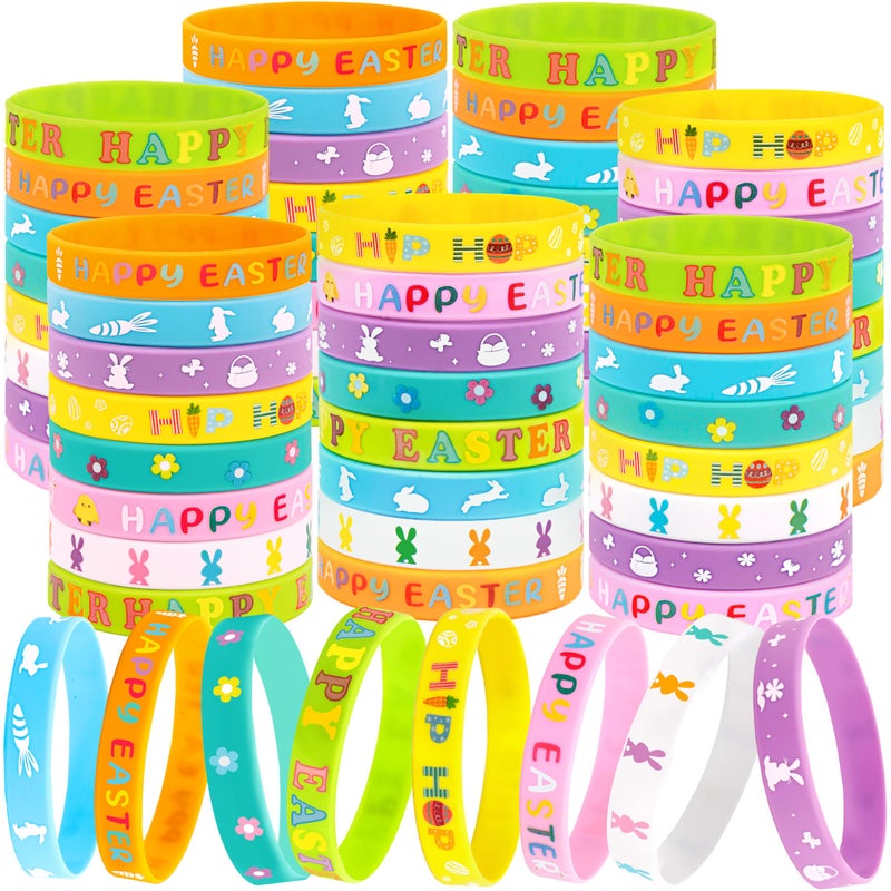 Moon Boat 74pcs Easter Basket Stuffers Wristbands for Kids Egg Fillers Bulk Rubber Wristband Gifts Party Favors for Boys Girls - Image 3