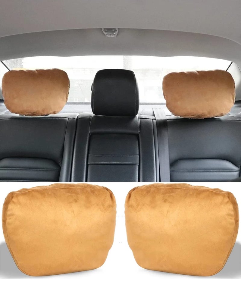 24x7 eMall 2pc Universal Car Soft Pillow Compatible with Mercedes Benz Maybach and All Other Cars Premium Suede Material Luxurious Headrest Ultra S Class Type Cushion Pack of 2 (Tan) - Image 1