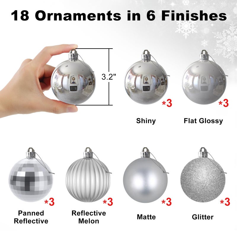 GameXcel Silver 3.2"" Large Christmas Balls - Christmas Tree Decoration Ornaments Shatterproof Hanging Balls for Birthday Halloween Holiday Wedding Decorations Set of 18pcs - Image 2