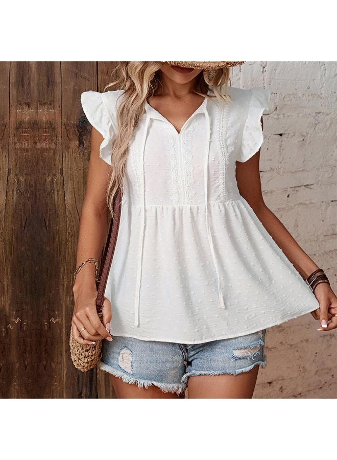 VUELO Independent Station Summer New Lotus Leaf Sleeve Top European And American Women's Casual Design Stitching Pullover Shirt  - Image 2