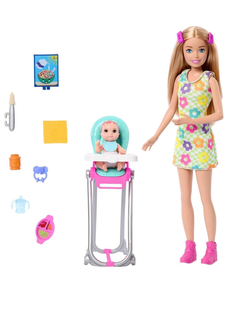 Barbie Baby Doll Skipper Babysitters Inc & Playset, Includes Doll, Baby, and Mealtime Accessories, 10 Piece Set - Image 1