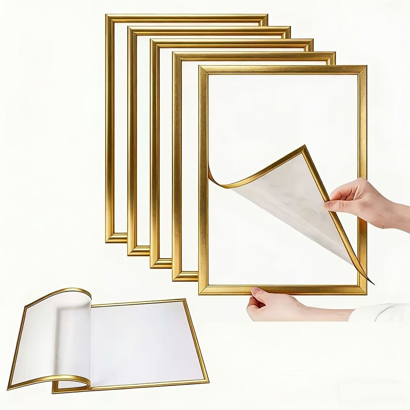 5pcs Golden Matte Magnetic Wall Photo Frames Self Adhesive Plastic - Image 1