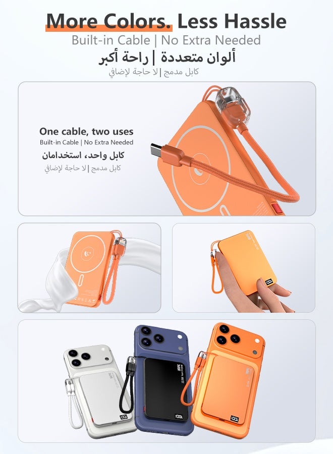 WAPIK Korean Brand M8 Magnetic Power Bank 5000mAh Ultra Slim 8mm, 15W Wireless Fast Charging, 22.5W Wired Fast Charging, Built-in Type-C Cable Portable Charger, MagSafe Compatible for iPhone 17/16/15/14/13, Orange - Image 5