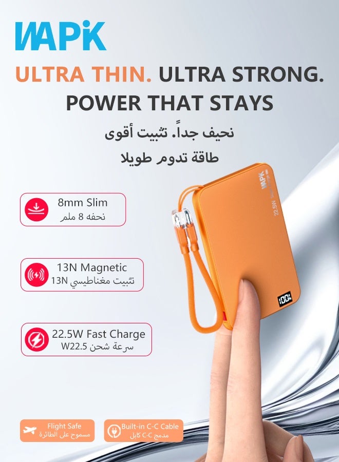 WAPIK Korean Brand M8 Magnetic Power Bank 5000mAh Ultra Slim 8mm, 15W Wireless Fast Charging, 22.5W Wired Fast Charging, Built-in Type-C Cable Portable Charger, MagSafe Compatible for iPhone 17/16/15/14/13, Orange - Image 1