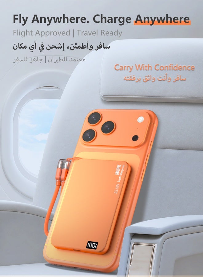 WAPIK Korean Brand M8 Magnetic Power Bank 5000mAh Ultra Slim 8mm, 15W Wireless Fast Charging, 22.5W Wired Fast Charging, Built-in Type-C Cable Portable Charger, MagSafe Compatible for iPhone 17/16/15/14/13, Orange - Image 4