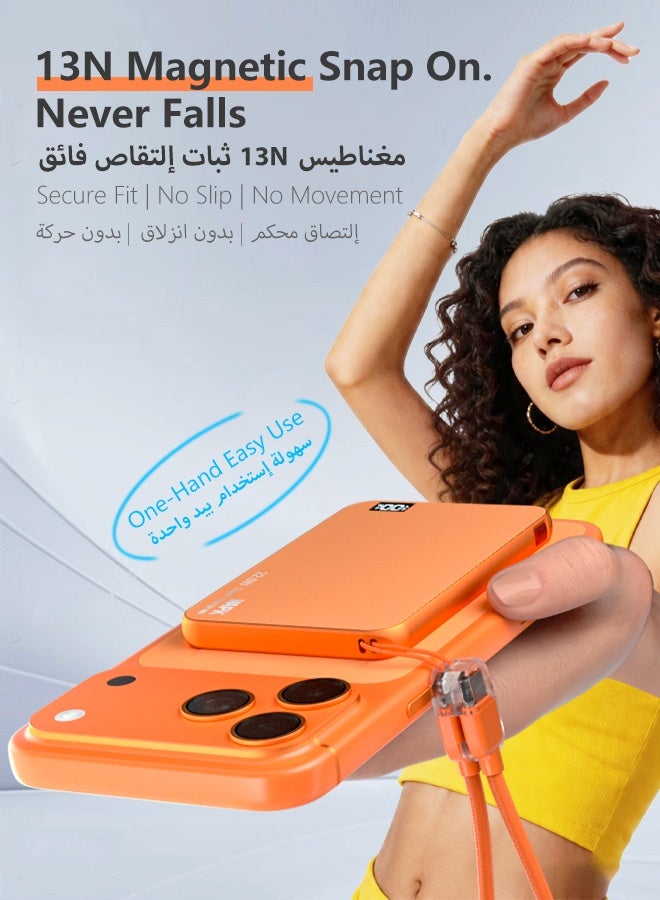 WAPIK Korean Brand M8 Magnetic Power Bank 5000mAh Ultra Slim 8mm, 15W Wireless Fast Charging, 22.5W Wired Fast Charging, Built-in Type-C Cable Portable Charger, MagSafe Compatible for iPhone 17/16/15/14/13, Orange - Image 2