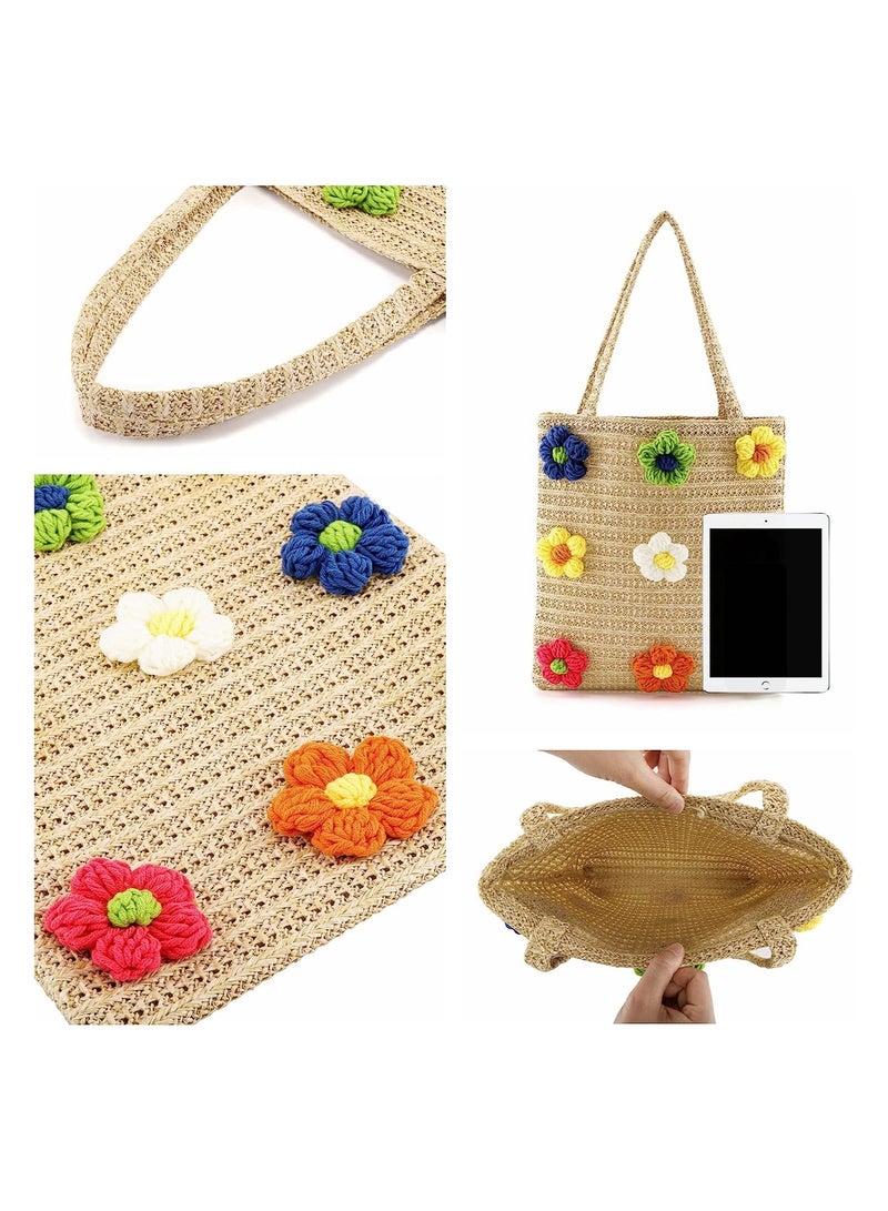 Barakah Summer Beach Straw Bag Flower Cotton Crochet Woven, Womens Hand-woven Shoulder Bag Handbag Large - Image 4