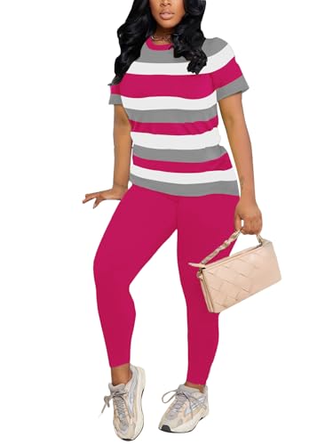 HBQ Women 2 Piece Outfits Summer Sweatsuits Slim Fit Track Suits Biker Short Workout Jogger Sets Stripe L - Image 3