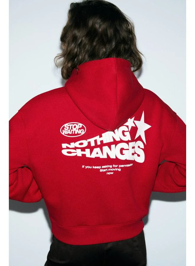 GRIMELANGE SILENT Women's Hooded Organic Cotton Lined with Fleece Kangaroo Pocket Printed Embroidered Red Sweatshirt.