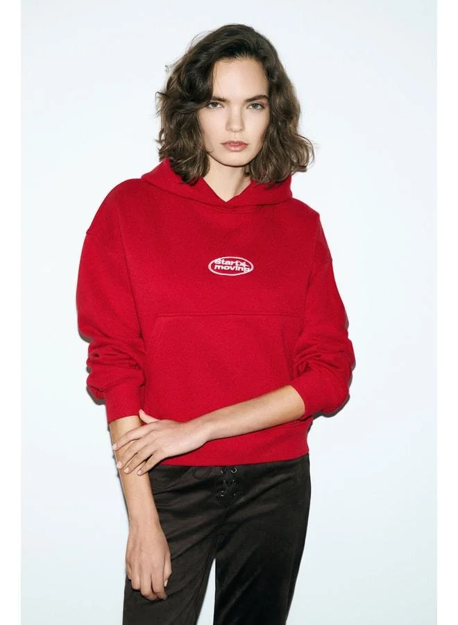 GRIMELANGE SILENT Women's Hooded Organic Cotton Lined with Fleece Kangaroo Pocket Printed Embroidered Red Sweatshirt.