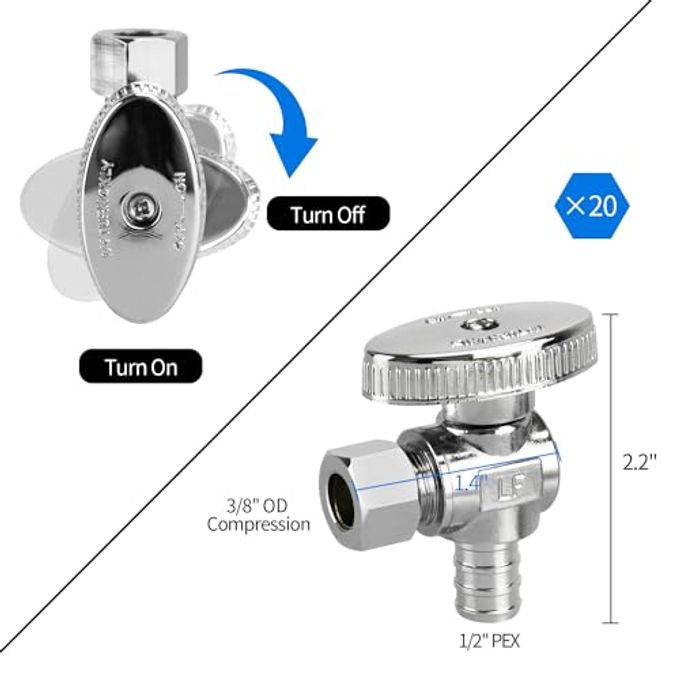 PXZBLG 20 Pack Stop Valves, 1/4 Turn Angle Valve, 3/8" OD Compression 1/2" PEX Chrome Plated Brass for Faucet, Toilet Valves - Image 2