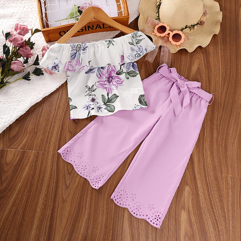 Girls Summer 2024 Outfit Floral Print Top with Long Pants Purple - Image 1