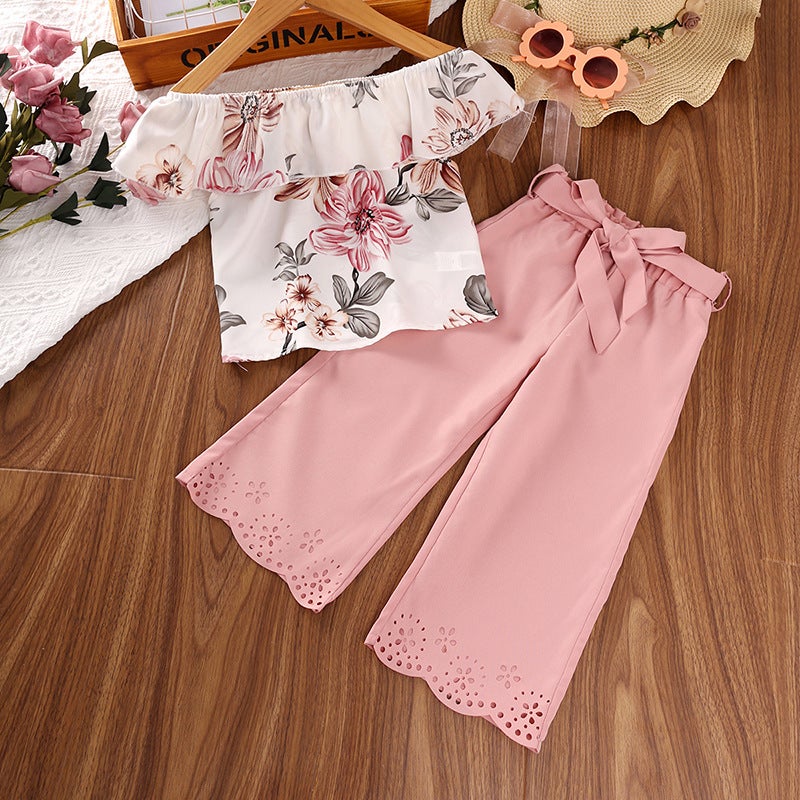 Girls Summer 2024 Outfit Floral Print Top with Long Pants Purple - Image 2