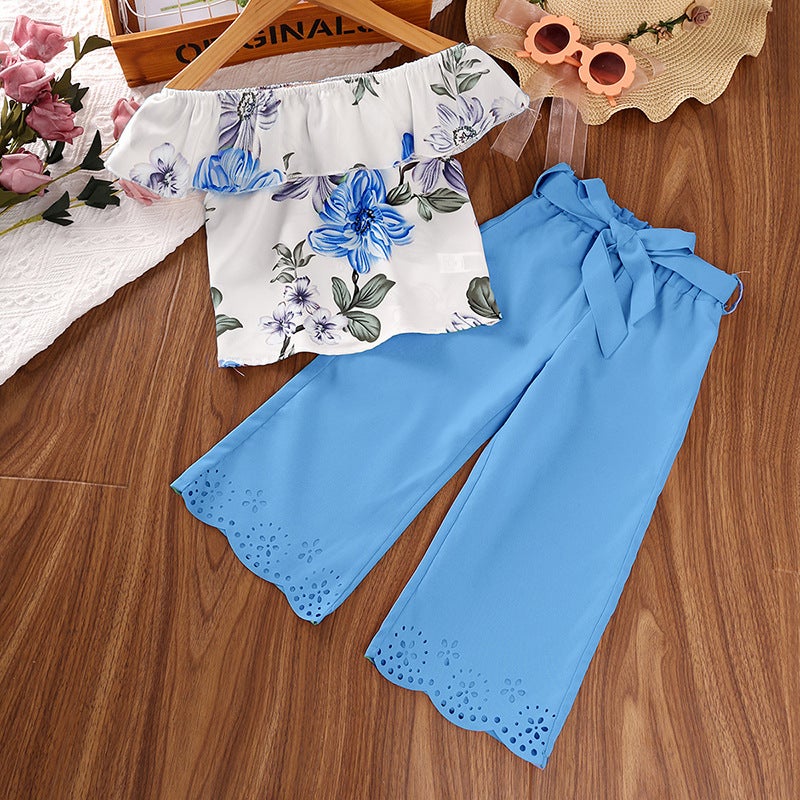 Girls Summer 2024 Outfit Floral Print Top with Long Pants Purple - Image 3