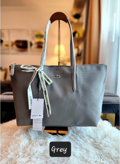 Lacoste Premium Grey Tote Bag 45x30x12cm - Ash Grey Color, Spacious Work Bag Free Saudi Delivery Faux Leather ﻿