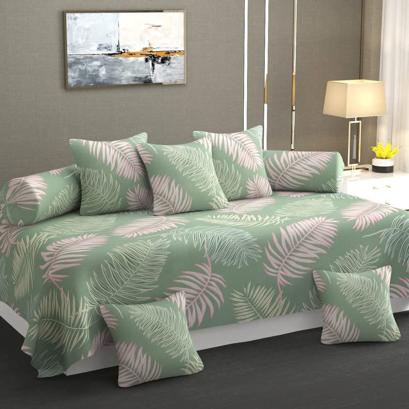 NEW LEAF DiwanSet for Living Room, DiwanSet Covers Glace Cotton, DiwanSet 8 Pieces (1 Single Bedsheet, 5 Cushion Covers, 2 Bolster Covers) (Color-Green & Grey), Standard - Image 1