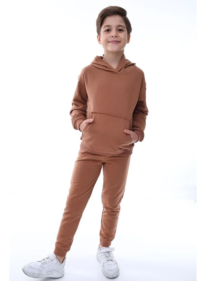 zuzunga Basic Hooded 2-Ply Sherpa Kangaroo Pocket Children Tracksuit Set 3-10 Years Khaki.
