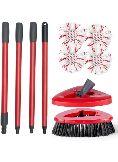 4 Spin Mop Replace Refill, Handle, Scrub Brush, & Base Mop Head Compatible with Vileda/O-cedar Easy Wring Spin Mop, Floor Scrubber, 40% More Cleaning Power, Scrub Pad (Red)