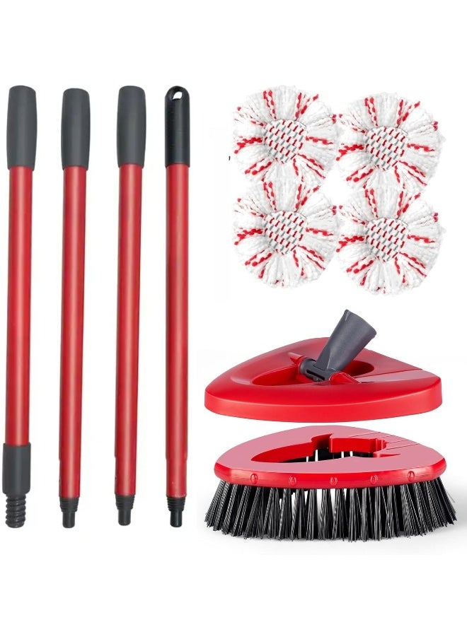 Zalcoon 4 Spin Mop Replace Refill, Handle, Scrub Brush, & Base Mop Head Compatible with Vileda/O-cedar Easy Wring Spin Mop, Floor Scrubber, 40% More Cleaning Power, Scrub Pad (Red)  - Image 1