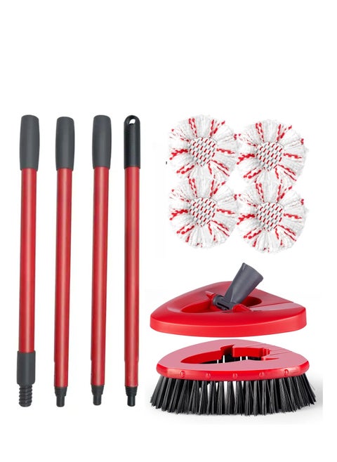 4 Spin Mop Replace Refill, Handle, Scrub Brush,  & Base Mop Head Compatible with Vileda / O-cedar Easy Wring  Spin Mop, Floor Scrubber, 40% More Cleaning Power, Scrub Pad (Red)