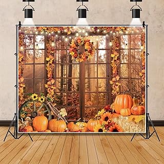 OFILA Autumn Scenery Forest Backdrop 10x8ft Rustic Window Sunshine Pumpkin Photo Background Thanksgiving Day - Image 1