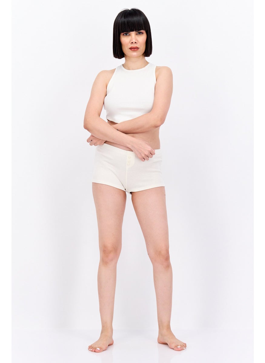 UNDIZ - Women Ribbed Pull On Pajama Shorts, Beige - Image 1