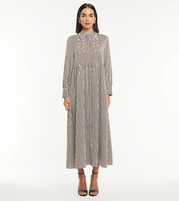 بي سي بي جي BCBG EMBELLISHED STRIPE POPLIN MAXI SHIRT DRESS WITH PU BELT