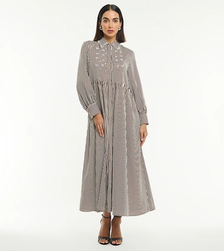 بي سي بي جي BCBG EMBELLISHED STRIPE POPLIN MAXI SHIRT DRESS WITH PU BELT