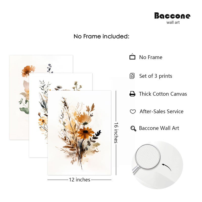 Baccone Botanical Wall Art Set of 3 Floral Wall Decor Prints Vintage Canvas Wall Art Wildflower Watercolor Pictures Farmhouse Artwork Floral Modern Painting for Bathroom Bedroom 12x16 Inch Unframed - Image 2