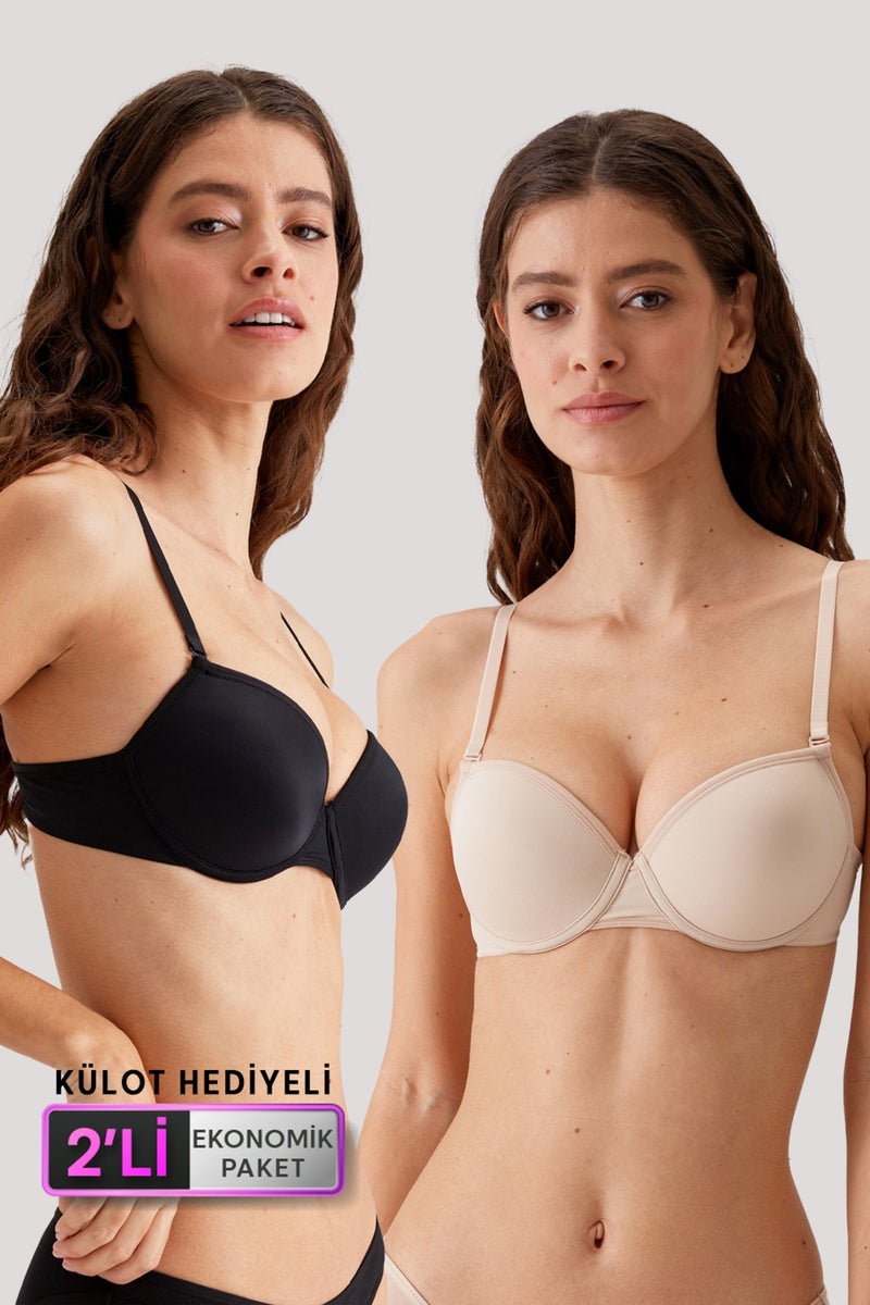 pierre cardin 2-Pack Economical Package Black-Skin 6015 Milan Push Up Padded Micro T-Shirt Bra Set with Slip Gift - Image 1