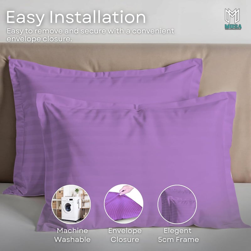 MUSA MUSA® Striped Cotton Pillow Covers – Soft, Breathable & Hotel-Inspired Pillow Covers with Envelope Closure | Elegant 5cm Oxford Frame Design for Bedroom & Home Décor (2, Lavender, 50 x 65cm) - Image 3